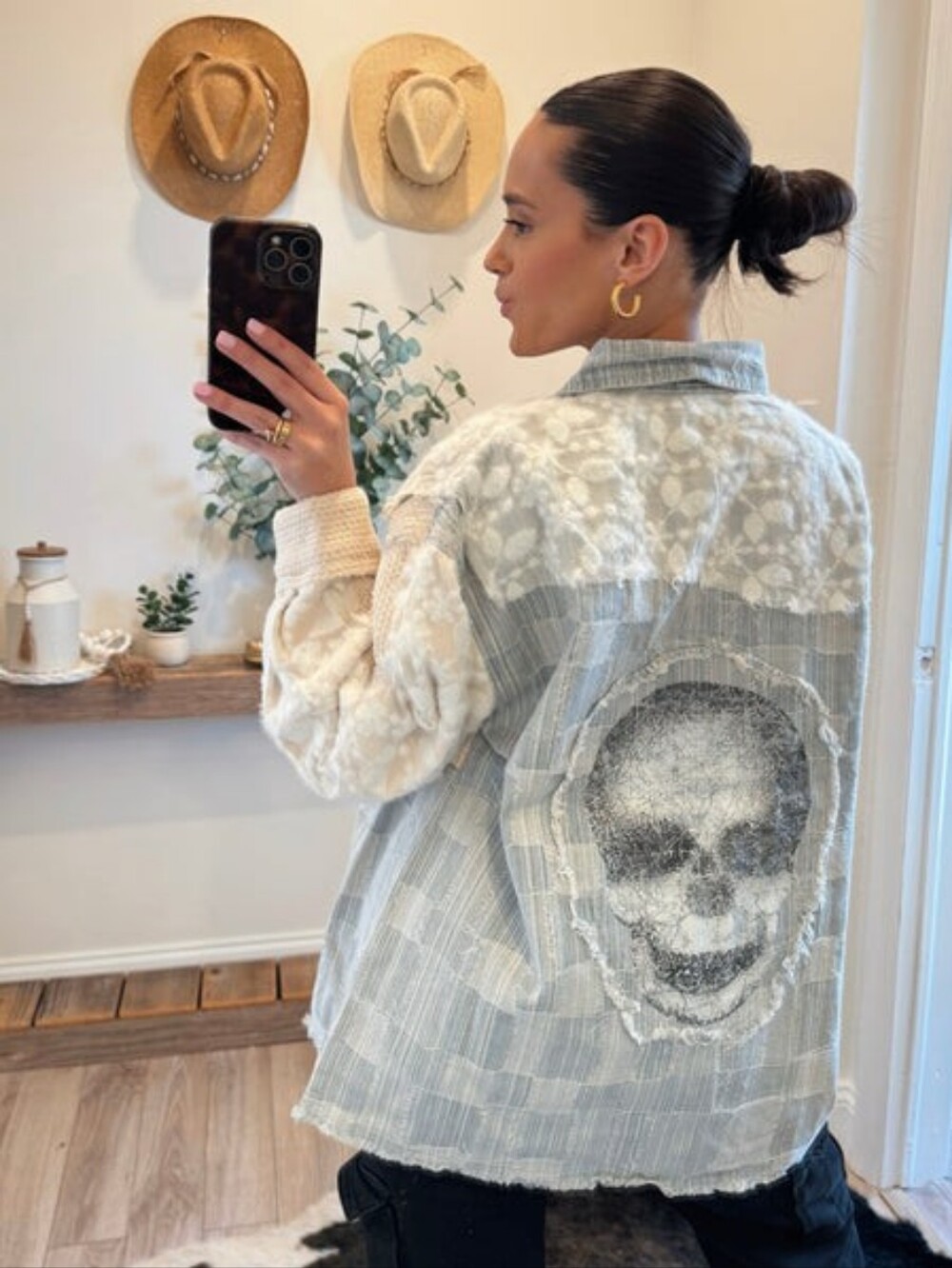 POL Contrast Skull Denim Jacket with open knit crochet Sz Large New